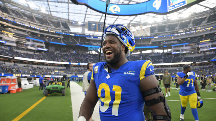 Nov 2, 2025; Inglewood, California, USA; Los Angeles Rams defensive end Kobie Turner (91) leaves the field following a game against the New Orleans Saints at SoFi Stadium. Mandatory Credit: Jayne Kamin-Oncea-Imagn Images