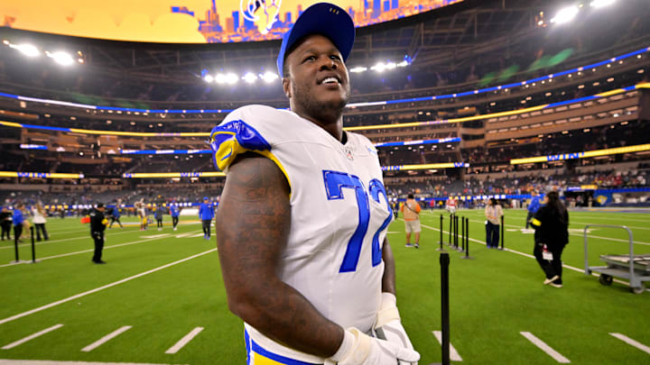 Nov 23, 2025; Inglewood, California, USA; Los Angeles Rams offensive tackle D.J. Humphries (72) leaves the field after the game against the Tampa Bay Buccaneers at SoFi Stadium. Mandatory Credit: Jayne Kamin-Oncea-Imagn Images