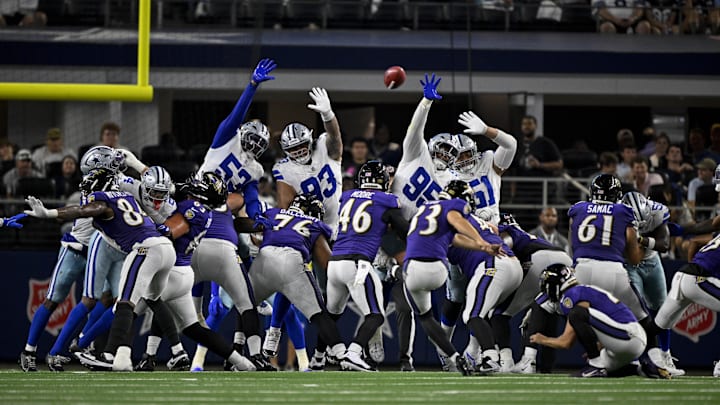 Aug 16, 2025; Arlington, Texas, USA; Baltimore Ravens place kicker Tyler Loop (33) kicks a field goal during the game between the Dallas Cowboys and the Baltimore Ravens at AT&T Stadium. Mandatory Credit: Jerome Miron-Imagn Images