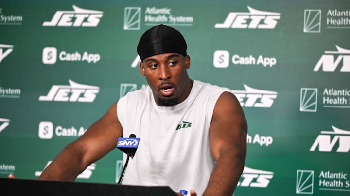 Jun 11, 2025; Florham Park, NY, USA; New York Jets running back Breece Hall (20) speaks at a press conference during minicamp at Atlantic Health Jets Training Center. Mandatory Credit: John Jones-Imagn Images