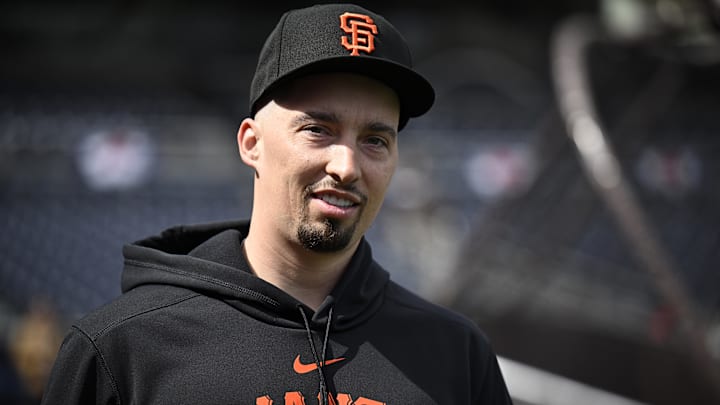 Mar 28, 2024; San Diego, California, USA; San Francisco Giants starting pitcher Blake Snell (7) looks on before the game against the San Diego Padres at Petco Park.
