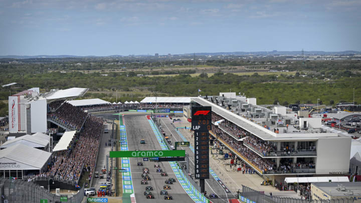 Oct 23, 2022; Austin, Texas, USA; A view of the front stretch grandstands and the paddock club at the Circuit of the Americas.