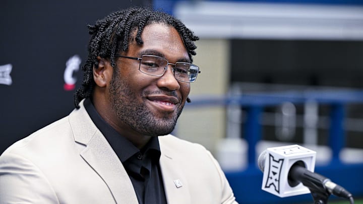 Jul 13, 2023; Arlington, TX, USA; Cincinnati Bearcats defensive lineman Jowon Briggs is interviewed