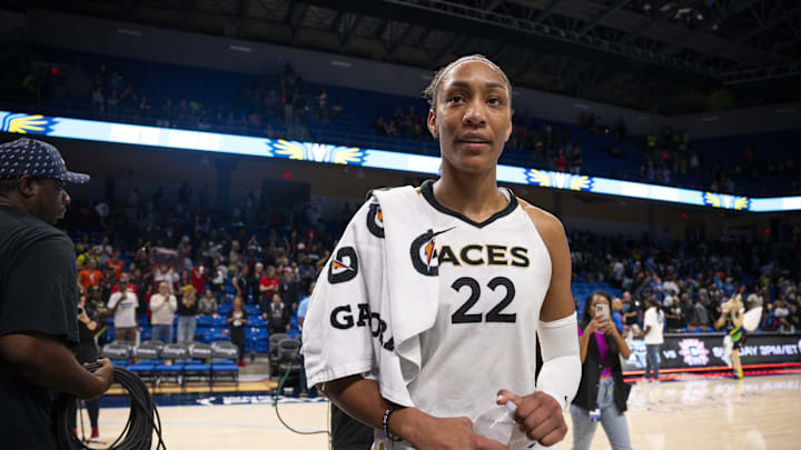 Sep 29, 2023; Arlington, Texas, USA; Las Vegas Aces forward A'ja Wilson (22) walks off the court. Sep 29, 2023; Arlington, Texas, USA; Las Vegas Aces forward A'ja Wilson (22) walks off the court.