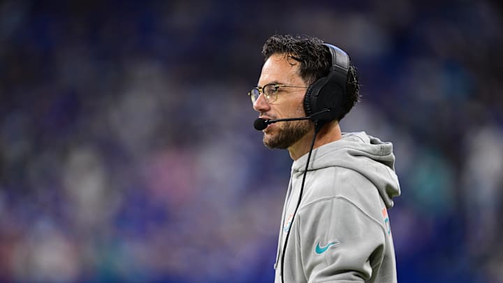 Miami Dolphins Head Coach Mike McDaniel walks on the sidelines before the first quarter against the Indianapolis Colts at Lucas Oil Stadium. 