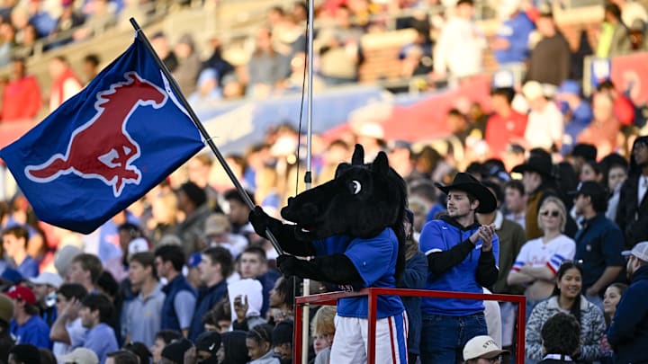 The SMU mascot waves a flag on Nov 30, 2024. The SMU mascot waves a flag on Nov 30, 2024.