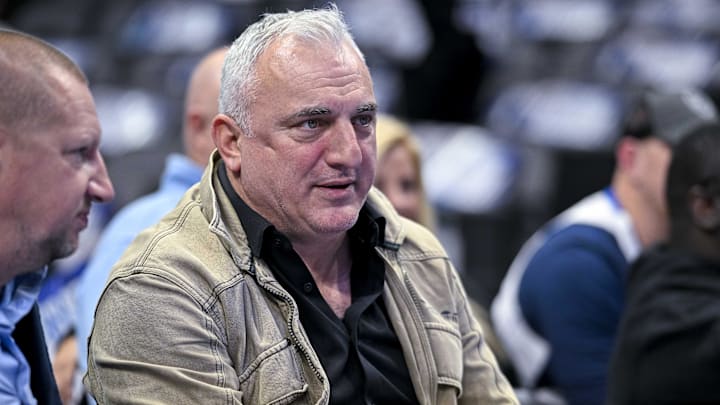 Former Slovenian basketball player and coach Sasa Doncic watches his son Dallas Mavericks guard Luka Doncic (not pictured) during warmups before the game between the Dallas Mavericks and the Denver Nuggets at the American Airlines Center.