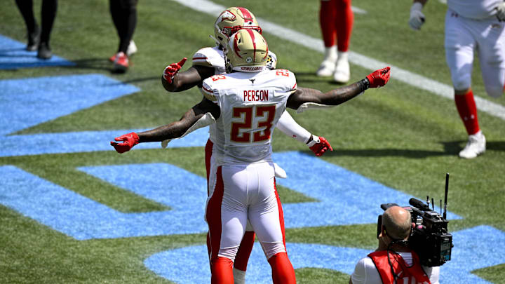 Stallions running back Ricky Person Jr. celebrates during the team's 27–14 win over the Renegades on March 30, 2024.