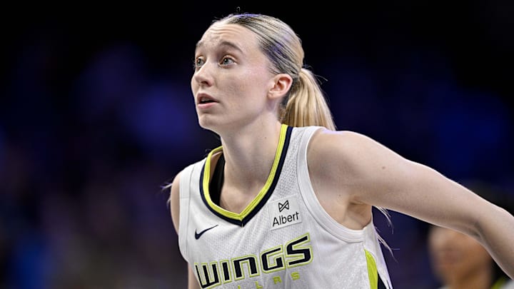 Dallas Wings guard Paige Bueckers (5) looks on during the second half against the Seattle Storm at College Park Center.