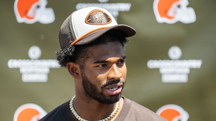 Cleveland Browns quarterback Shedeur Sanders (12) talks to the media during rookie minicamp at CrossCountry Mortgage Campus.