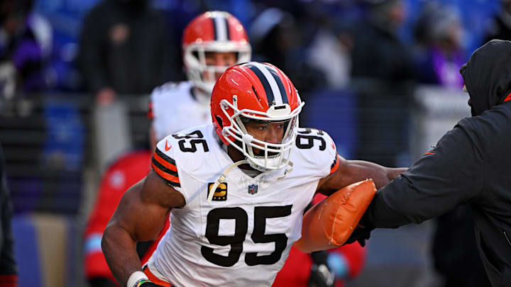 Jan 4, 2025; Baltimore, Maryland, USA; Cleveland Browns defensive end Myles Garrett (95) warms up before the game against Baltimore Ravens at M&T Bank Stadium. Mandatory Credit: Tommy Gilligan-Imagn Images