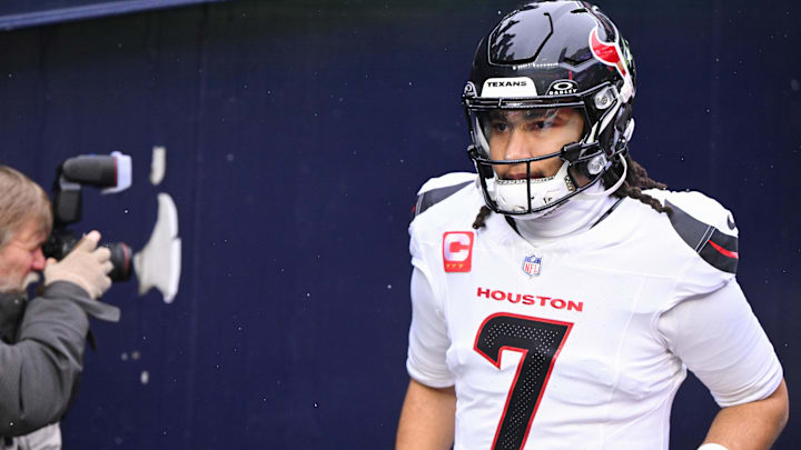 Jan 18, 2026; Foxborough, MA, USA; Houston Texans quarterback C.J. Stroud (7) enters the field before an AFC Divisional Round game against the New England Patriots at Gillette Stadium. Mandatory Credit: Brian Fluharty-Imagn Images