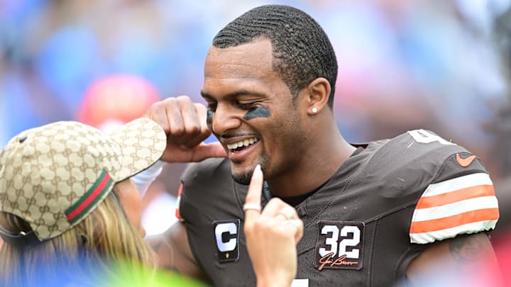 Sep 24, 2023; Cleveland, Ohio, USA; Cleveland Browns quarterback Deshaun Watson (4) greets his then girlfriend, now wife, Jilly Anais before the game between the Browns and the Tennessee Titans at Cleveland Browns Stadium.