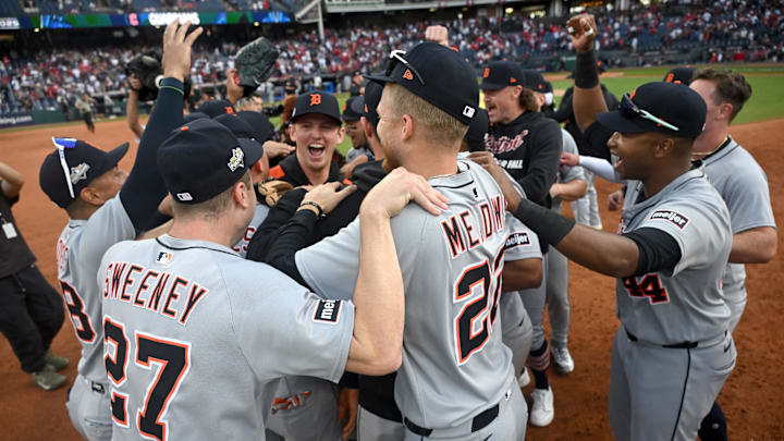Oct 2, 2025; Cleveland, Ohio, USA; Detroit Tigers celebrate after winning the Wildcard round against the Cleveland Guardians for the 2025 MLB playoffs at Progressive Field. Oct 2, 2025; Cleveland, Ohio, USA; Detroit Tigers celebrate after winning the Wildcard round against the Cleveland Guardians for the 2025 MLB playoffs at Progressive Field.