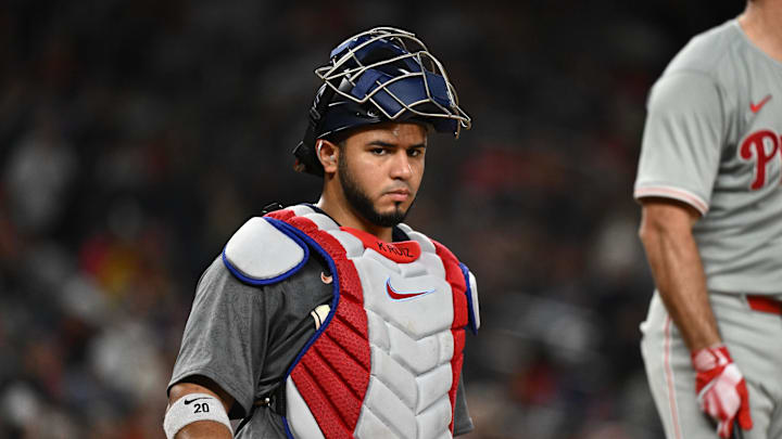 Sep 27, 2024; Washington, District of Columbia, USA; Washington Nationals catcher Keibert Ruiz (20) looks to the dugout during the second inning against the Philadelphia Phillies at Nationals Park. Sep 27, 2024; Washington, District of Columbia, USA; Washington Nationals catcher Keibert Ruiz (20) looks to the dugout during the second inning against the Philadelphia Phillies at Nationals Park.