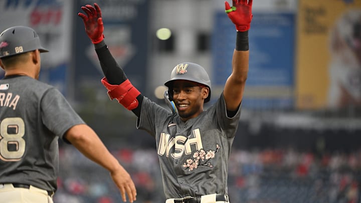 Sep 29, 2024; Washington, District of Columbia, USA; Washington Nationals second baseman Darren Baker (10) reacts after hitting a single against the Philadelphia Phillies during the ninth inning at Nationals Park.