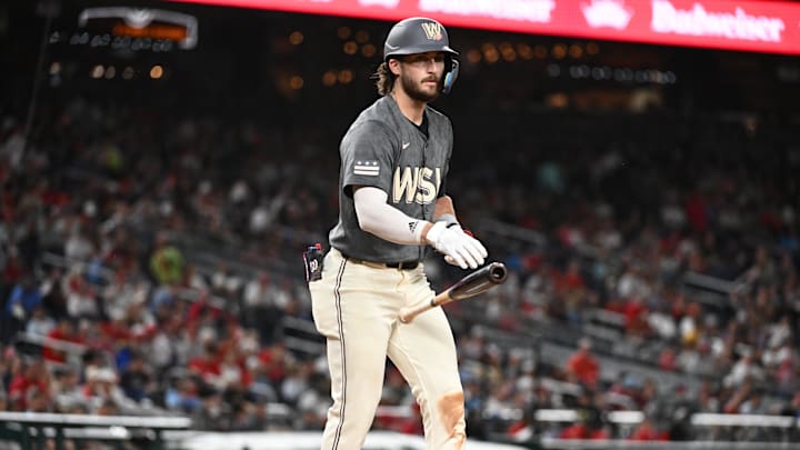 Sep 27, 2024; Washington, District of Columbia, USA;  Washington Nationals outfielder Dylan Crews (3) draws a walk during the second inning against the Philadelphia Phillies at Nationals Park. 