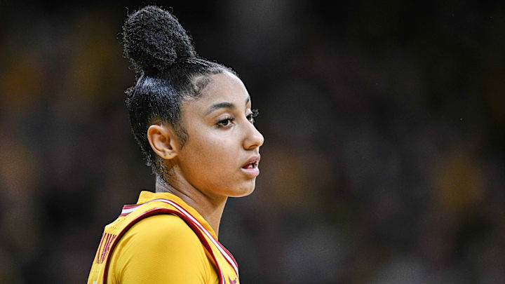 Feb 2, 2025; Iowa City, Iowa, USA; USC Trojans guard JuJu Watkins (12) looks on during the game against the Iowa Hawkeyes at Carver-Hawkeye Arena. Mandatory Credit: Jeffrey Becker-Imagn Images