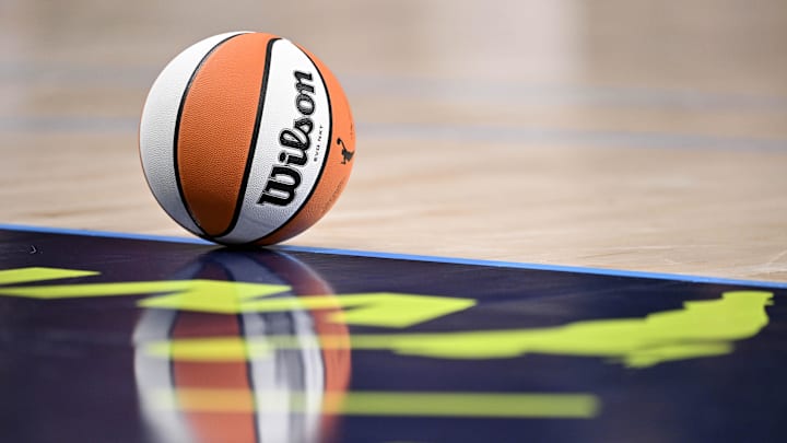 Jun 27, 2025; Dallas, Texas, USA; A view of a Wilson basketball and the Dallas Wings logo during the game between the Wings and the Indiana Fever at the American Airlines Center. Mandatory Credit: Jerome Miron-Imagn Images