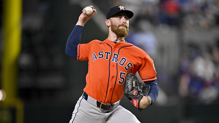 May 27, 2026; Arlington, Texas, USA; Houston Astros starting pitcher Mike Burrows (50) pitches against the Texas Rangers during the third inning at Globe Life Field. Mandatory Credit: Jerome Miron-Imagn Images May 27, 2026; Arlington, Texas, USA; Houston Astros starting pitcher Mike Burrows (50) pitches against the Texas Rangers during the third inning at Globe Life Field. Mandatory Credit: Jerome Miron-Imagn Images