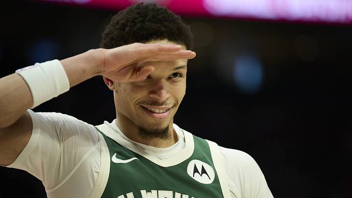 Mar 25, 2026; Portland, Oregon, USA; Milwaukee Bucks guard Ryan Rollins (13) salutes a fan during the first half against the Portland Trail Blazers at Moda Center. Mandatory Credit: Troy Wayrynen-Imagn Images