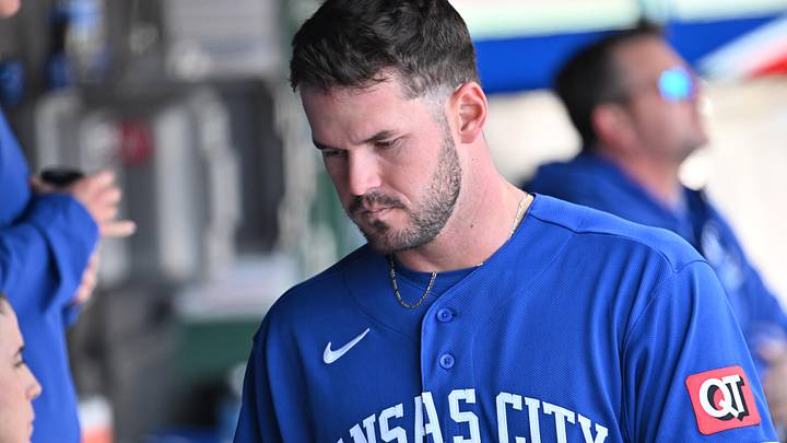 Apr 8, 2026; Cleveland, Ohio, USA; Kansas City Royals starting pitcher Cole Ragans (55) reacts in the dugout after being injured during the first inning against the Cleveland Guardians at Progressive Field. Mandatory Credit: Ken Blaze-Imagn Images