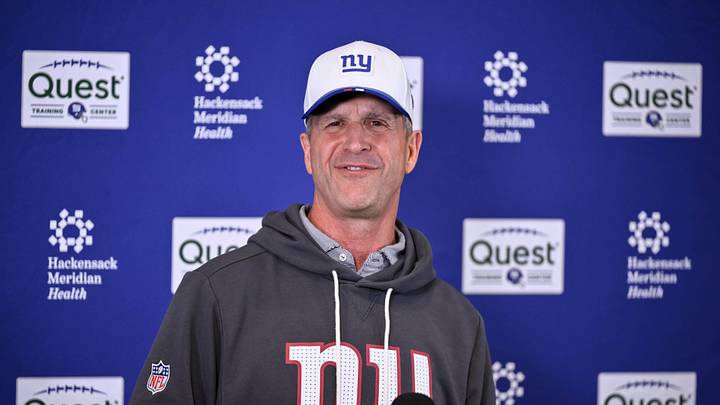 May 21, 2026; East Rutherford, NJ, USA; New York Giants head coach John Harbaugh speaks at a press conference during organized team activities at Quest Diagnostics Training Center. May 21, 2026; East Rutherford, NJ, USA; New York Giants head coach John Harbaugh speaks at a press conference during organized team activities at Quest Diagnostics Training Center.