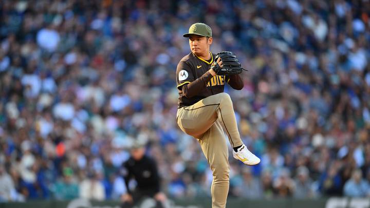 May 17, 2026; Seattle, Washington, USA; San Diego Padres pitcher Yuki Matsui (1) pitches to the Seattle Mariners during the sixth inning at T-Mobile Park. Mandatory Credit: Steven Bisig-Imagn Images