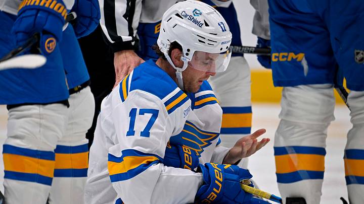 Oct 2, 2026; Dallas, Texas, USA; St. Louis Blues defenseman Cam Fowler (17) checks for blood after getting hit by a puck during the second period against the Dallas Stars at the American Airlines Center. Mandatory Credit: Jerome Miron-Imagn Images Oct 2, 2026; Dallas, Texas, USA; St. Louis Blues defenseman Cam Fowler (17) checks for blood after getting hit by a puck during the second period against the Dallas Stars at the American Airlines Center. Mandatory Credit: Jerome Miron-Imagn Images