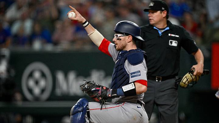 Aug 3, 2024; Arlington, Texas, USA; Boston Red Sox catcher Danny Jansen (28) motions to Red Sox center fielder Ceddanne Rafaela (not pictured) Jansen tags out Texas Rangers third baseman Josh Jung (not pictured) during the sixth inning at Globe Life Field. Mandatory Credit: Jerome Miron-USA TODAY Sports Aug 3, 2024; Arlington, Texas, USA; Boston Red Sox catcher Danny Jansen (28) motions to Red Sox center fielder Ceddanne Rafaela (not pictured) Jansen tags out Texas Rangers third baseman Josh Jung (not pictured) during the sixth inning at Globe Life Field. Mandatory Credit: Jerome Miron-USA TODAY Sports
