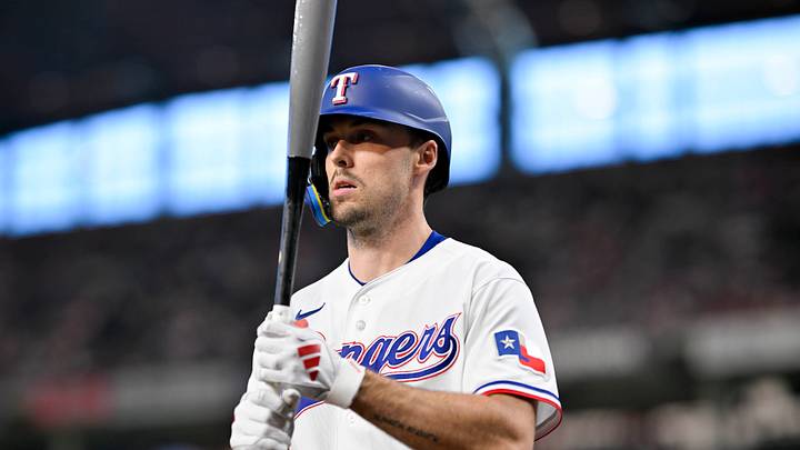 May 9, 2026; Arlington, Texas, USA; Texas Rangers center fielder Evan Carter (32) walks to the on deck circle during the game against the Chicago Cubs at Globe Life Field. Mandatory Credit: Jerome Miron-Imagn Images May 9, 2026; Arlington, Texas, USA; Texas Rangers center fielder Evan Carter (32) walks to the on deck circle during the game against the Chicago Cubs at Globe Life Field. Mandatory Credit: Jerome Miron-Imagn Images