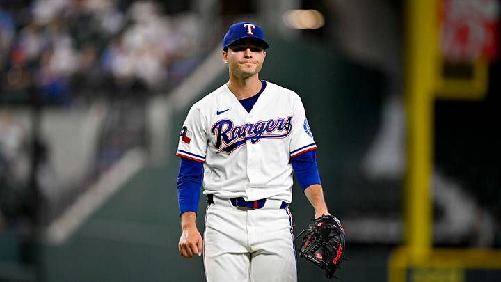 Jun 18, 2026; Arlington, Texas, USA; Texas Rangers starting pitcher Jack Leiter (22) comes off the field after pitching to the Minnesota Twins during the first inning at Globe Life Field. Mandatory Credit: Jerome Miron-Imagn Images