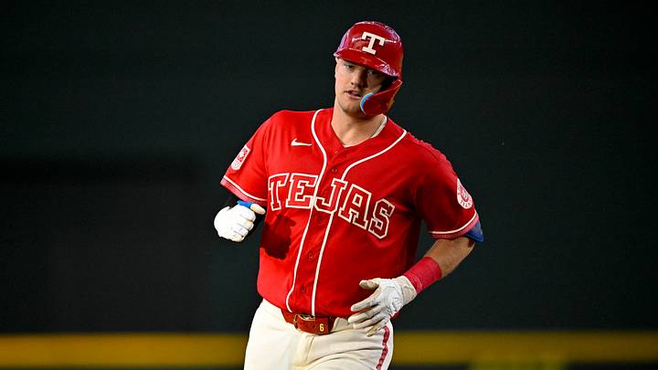 Sep 19, 2026; Arlington, Texas, USA;  Texas Rangers third baseman Josh Jung (6) rounds the bases after he hits a home run against the Toronto Blue Jays during the first inning at Globe Life Field. Mandatory Credit: Jerome Miron-Imagn Images