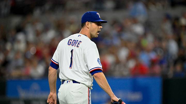 Sep 22, 2026; Arlington, Texas, USA; Texas Rangers pitcher MacKenzie Gore (1) reacts after his pitcher’s challenge results in a strike to end the fifth inning against the New York Mets at Globe Life Field. Mandatory Credit: Jerome Miron-Imagn Images Sep 22, 2026; Arlington, Texas, USA; Texas Rangers pitcher MacKenzie Gore (1) reacts after his pitcher’s challenge results in a strike to end the fifth inning against the New York Mets at Globe Life Field. Mandatory Credit: Jerome Miron-Imagn Images