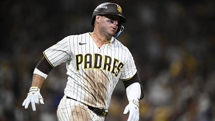 Sep 30, 2026; San Diego, California, USA;  San Diego Padres first baseman Ty France (25) circles the bases after hitting a double in the second inning against the Chicago Cubs during game two of the Wildcard round for the 2026 MLB Playoffs at Petco Park.  Mandatory Credit: Denis Poroy-Imagn Images
