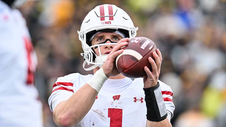 Oct 31, 2026; Iowa City, Iowa, USA;  Wisconsin Badgers quarterback Colton Joseph (1) warms up during the first quarter against the Iowa Hawkeyes at Kinnick Stadium.  Mandatory Credit: Jeffrey Becker-Imagn Images