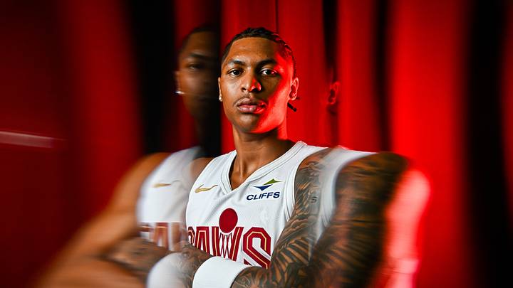 Sep 28, 2026; Cleveland, OH, USA; Cleveland Cavaliers guard Meleek Thomas (15) poses for a photo during media day at Rocket Arena. Mandatory Credit: Ken Blaze-Imagn Images