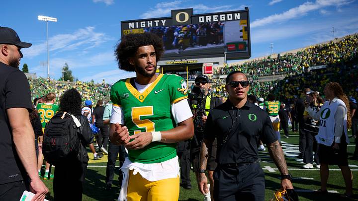Sep 5, 2026; Eugene, Oregon, USA; Oregon Ducks quarterback Dante Moore (5) walks off the field after a game against the Boise State Broncos at Autzen Stadium. Mandatory Credit: Troy Wayrynen-Imagn Images