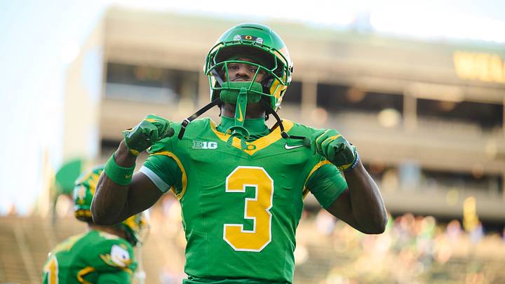 Sep 18, 2026; Eugene, Oregon, USA; Oregon Ducks wide receiver Jeremiah McClellan (3) warms up before a game against the Portland State Vikings at Autzen Stadium. Mandatory Credit: Troy Wayrynen-Imagn Images