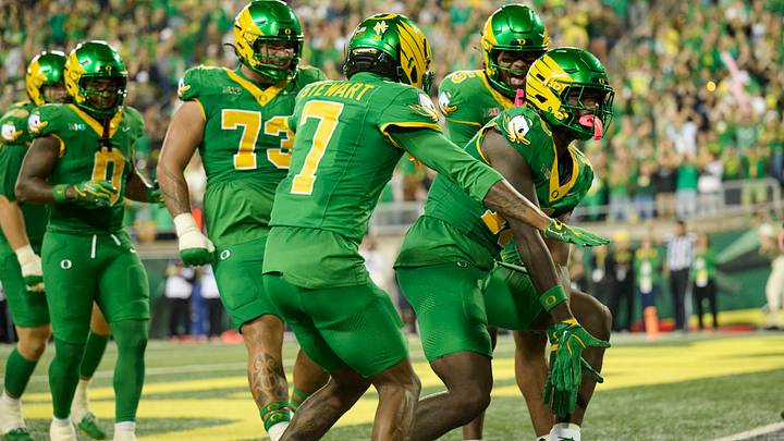 Sep 18, 2026; Eugene, Oregon, USA; Oregon Ducks tight end Kendre Harrison (18) celebrates with teammates after scoring a touchdown during the first half against Portland State Vikings safety Dionte West (28) at Autzen Stadium. Mandatory Credit: Troy Wayrynen-Imagn Images
