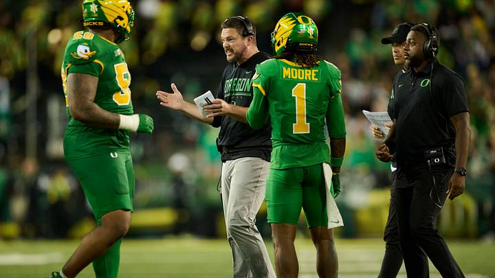 Sep 18, 2026; Eugene, Oregon, USA; Oregon Ducks head coach Dan Lanning instructs players during the second half in a game against the Portland State Vikings at Autzen Stadium. Mandatory Credit: Troy Wayrynen-Imagn Images