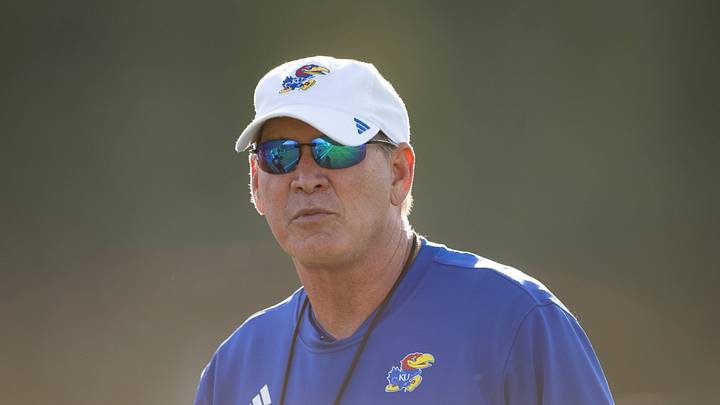 Head coach Lance Leipold watches during Kansas spring football practice Thursday, Mar. 26, 2026 in Lawrence, Kansas.