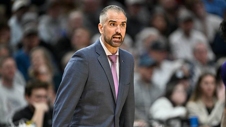 Mar 21, 2026; Portland, OR, USA; High Point Panthers head coach Flynn Clayman in the first half against the Arkansas Razorbacks during a second round game of the men's 2026 NCAA Tournament at Moda Center. Mandatory Credit: Craig Strobeck-Imagn Images