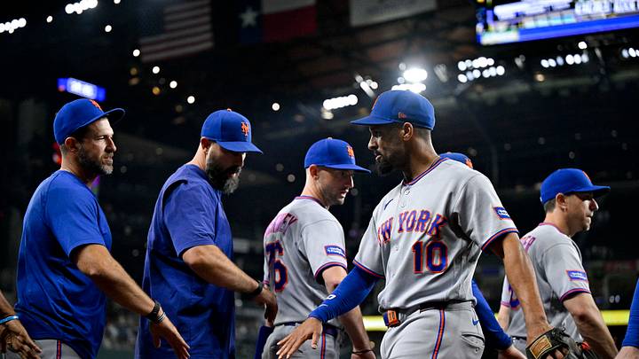 Sep 22, 2026; Arlington, Texas, USA;  New York Mets second baseman Marcus Semien (10) celebrates with his teammates after the Mets defeat the Texas Rangers at Globe Life Field. Mandatory Credit: Jerome Miron-Imagn Images