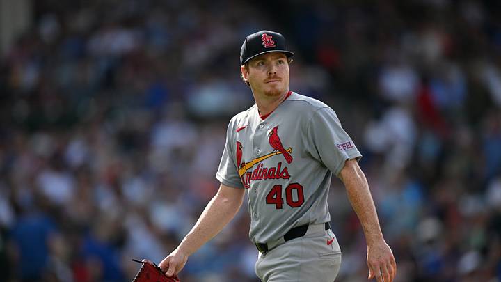 Aug 16, 2026; Chicago, Illinois, USA; St. Louis Cardinals pitcher Hunter Dobbins (40) walks back to the dugout after being relieved against the Chicago Cubs during the sixth inning at Wrigley Field. Mandatory Credit: Patrick Gorski-Imagn Images