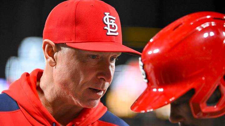 Apr 1, 2025; St. Louis, Missouri, USA;  St. Louis Cardinals hitting coach Brant Brown (73) talks with right fielder Jordan Walker (18) before an at bat against the Los Angeles Angels during the tenth inning at Busch Stadium. Mandatory Credit: Jeff Curry-Imagn Images