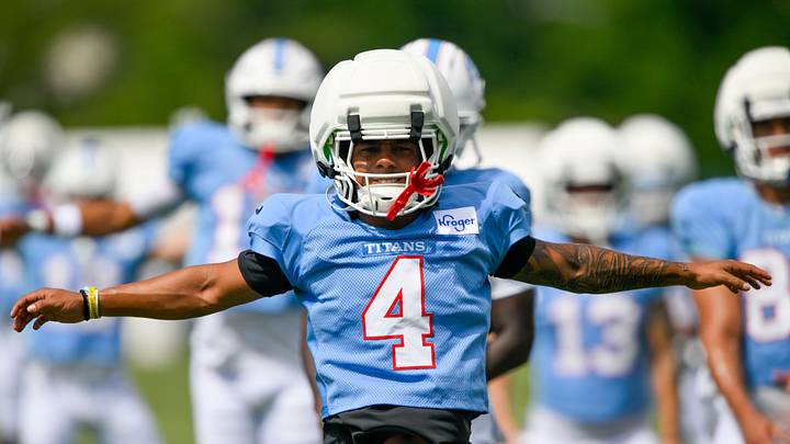 Tennessee Titans wide receiver Wan'Dale Robinson goes through drills during training camp