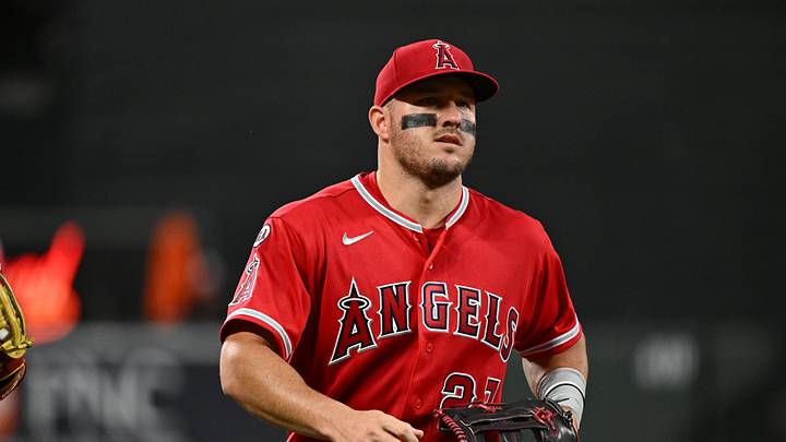 Aug 4, 2026; Baltimore, Maryland, USA; Los Angeles Angels center fielder Mike Trout (27) looks to the crowd during the seventh inning against the Baltimore Orioles at Oriole Park at Camden Yards. Mandatory Credit: James A. Pittman-Imagn Images