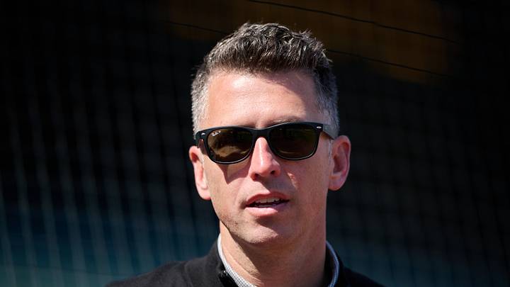 San Francisco, California, USA; San Francisco Giants president of baseball operations Buster Posey looks on before the game between the Pittsburgh Pirates and San Francisco Giants at Oracle Park. Mandatory Credit: Robert Edwards-Imagn Images