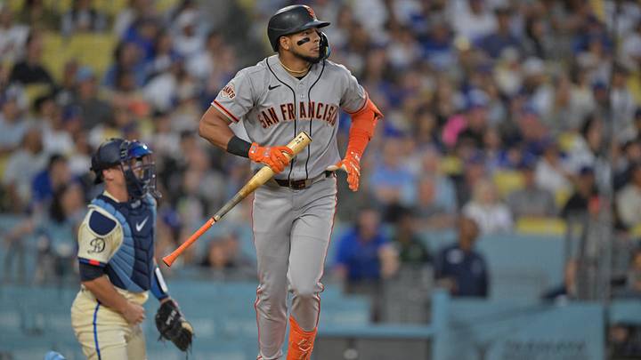 Sep 19, 2026; Los Angeles, California, USA;  San Francisco Giants outfielder Victor Bericoto (78) hits a two-run home run against the Los Angeles Dodgers in the during the second inning at Dodger Stadium.  Mandatory Credit: Jayne Kamin-Oncea-Imagn Images